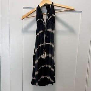 Black & White Tie-Dye Halter Sundress with Tassel Detail